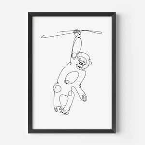 Monkey Line Drawing - Minimalist black and white - Playful Animal Art Print