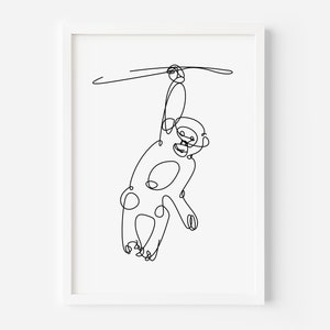 Monkey Digital Download Line Drawing - Minimalist black and white - Playful Animal Art Print