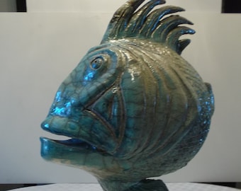 Poisson en grès cuisson raku - Sculpture unique et fascinante