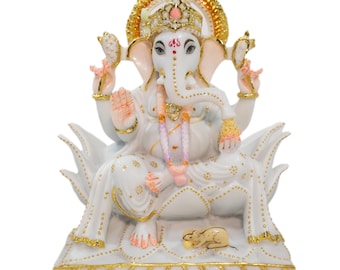 Akshar Udyog White Lord Ganesh Murti for Mandir | Cultured Marble Ganpati Statue | Ganesh Idol for Home Pooja | Hindu God Sculpture