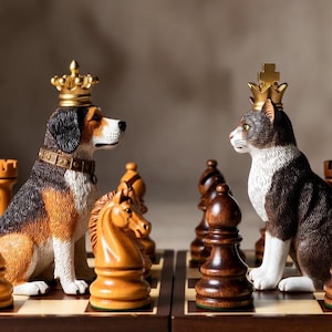Chess Set Cat Vs Dog | Animal Chess Set | Unique Handcrafted Origami | Black and White Foil Pieces | Chess Gift | Modern Decor | Chessboard