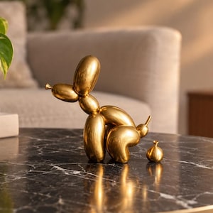 Può includere: Una scultura in metallo dorato a forma di cane palloncino in posizione accovacciata, con una piccola sfera dorata abbinata posizionata dietro. La scultura ha una superficie liscia e riflettente ed è posta su una superficie in marmo lucido.