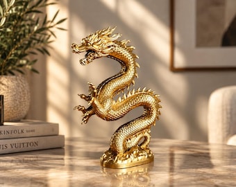 Golden Dragon Statue Chinese Feng Shui Sculpture Home Decor Office Ornament Luck Wealth Prosperity Figurine Table Centerpiece
