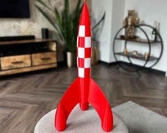 Modelo Cohete Tintín 90Cm | Cohete lunar rojo y blanco | Réplica icónica de nave espacial de cómic | Exhibición de colección y decoración espacial