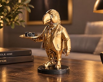 Side Table 70cm | Luxury Parrot Champagne Butler Table with Serving Tray | Key Holder & Parrot Perch | Chic Home Decor