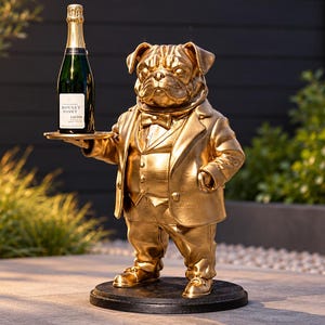 Peut inclure: Une statue dorée représentant un carlin vêtu d'un smoking formel avec un nœud papillon, posée sur une base circulaire noire. Le carlin tient un petit plateau rond dans sa main droite, sur lequel repose une bouteille de champagne en verre vert.