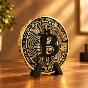 May include: A circular gold and black Bitcoin token featuring a prominent central B symbol, intricate circuit board patterns, and the text BITCOIN DIGITAL DECENTRALIZED PEER TO PEER MONETARY METALS. The token is displayed upright on a small black stand.