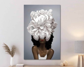 Flower Head Black Woman Canvas Print, Floral Woman Artwork, African Woman Canvas Painting, Woman Print, Fashion Art, Home Decor, Flower Art