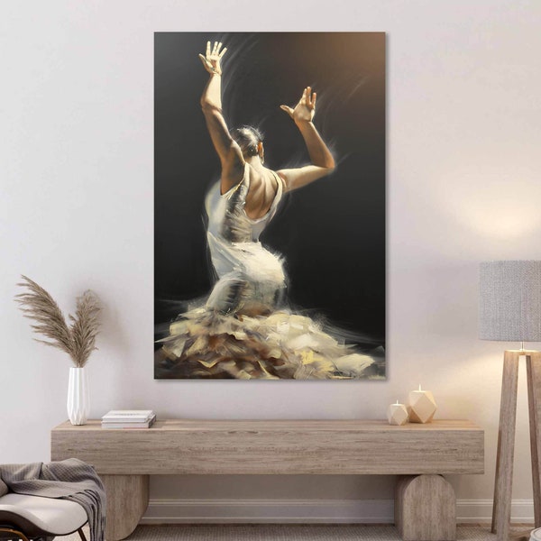Flamenco Dancer Woman Canvas Print, White Dressed Spanish Woman Canvas Wall Art, Dance Art Print, Woman Wall Decor, Canvas or Poster