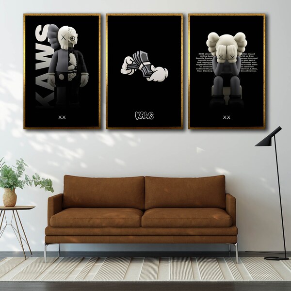 Lot de 3 toiles imprimées Kaws, affiche Hypebeast minimaliste, oeuvre d'art Kaws, décoration murale luxueuse, toile encadrée, cadeau pour chambre d'enfant