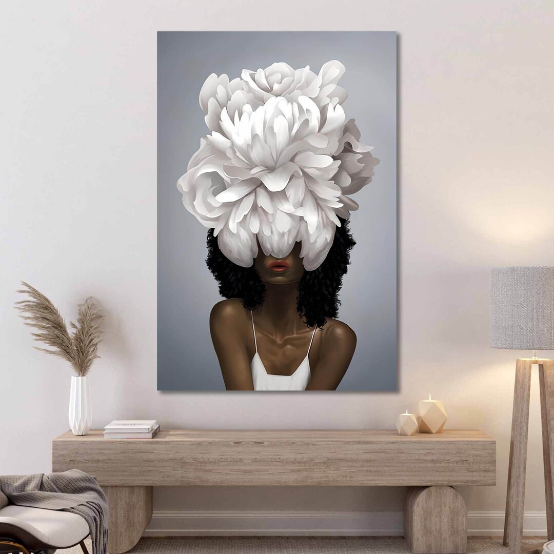 Flower Head Black Woman Canvas Print, Floral Woman Artwork, African