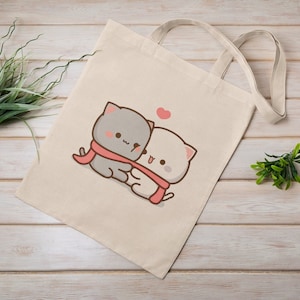 Peach And Goma, Reusable  Bag, Cotton Canvas Tote Bag, Bubu and Dudu, Valentine Day, Gift For Her For Him Pandabear I Love You