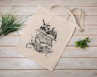 Wizard Castle Book Tote Bag, Reusable Bag, Cotton Canvas Tote Bag, Perfect Gift, Pottery Gifts For Women, Wizard School Bookworm Gift