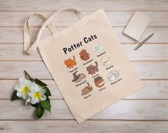 Potter Cat, Eco Tote Bag, Reusable, Cotton Canvas Tote Bag, Sustainable Bag, Perfect Gift, Cat Lover Gift, Aesthetic