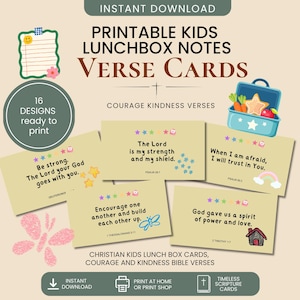 Può includere: Un set di biglietti con versetti stampabili per il portapranzo dei bambini, con 16 design, testi ispiratori, icone a forma di stella colorata e illustrazioni come un portapranzo, una farfalla, un arcobaleno e una casa su sfondo beige.