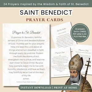 May include: A set of 24 Saint Benedict prayer cards featuring a marble-textured background and black text. The cards include the Prayer to St. Benedict, Love One Another, and Prayer for Trust. A circular badge notes 3x4 in. cards, PDF, and PNG files.