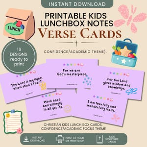 Kids Scripture Lunchbox Notes Printable, Bible Verse Cards Kids l Confidence/Academic focus theme, Daily Encouragement (Digital Download)