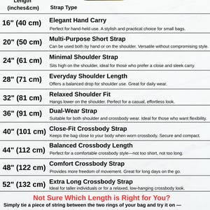 Puede incluir: Tabla informativa que detalla las longitudes de las correas para bolsos, con medidas en pulgadas y cent&iacute;metros. Incluye opciones como 40 cm (16") Elegant Hand Carry hasta 132 cm (52") Extra Long Crossbody Strap. El texto explica c&oacute;mo medir.