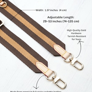 May include: Brown and tan striped bag strap with gold-tone hardware. The strap is 1.57 inches (4 cm) wide and has an adjustable length of 29-53 inches (74-135 cm). Made from full-grain vachetta leather.