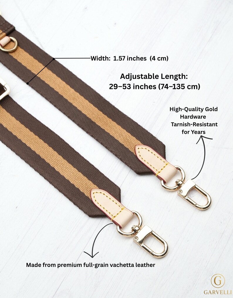 May include: Brown and tan striped bag strap with gold-tone hardware. The strap is 1.57 inches (4 cm) wide and has an adjustable length of 29-53 inches (74-135 cm). Made from full-grain vachetta leather.