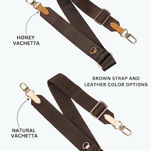 May include: Two brown bag straps with metal hardware and leather accents. One strap features honey vachetta leather, the other natural vachetta. The text "BROWN STRAP AND LEATHER COLOR OPTIONS" is also visible.