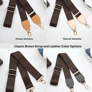 Op de afbeelding: Vier klassieke bruine tasriemen met verschillende leerkleuropties. De afbeelding toont Honey Vachetta, Natural Vachetta, No Leather en Brown Vachetta riemen. Elke riem heeft goudkleurige hardware en een witte accent.