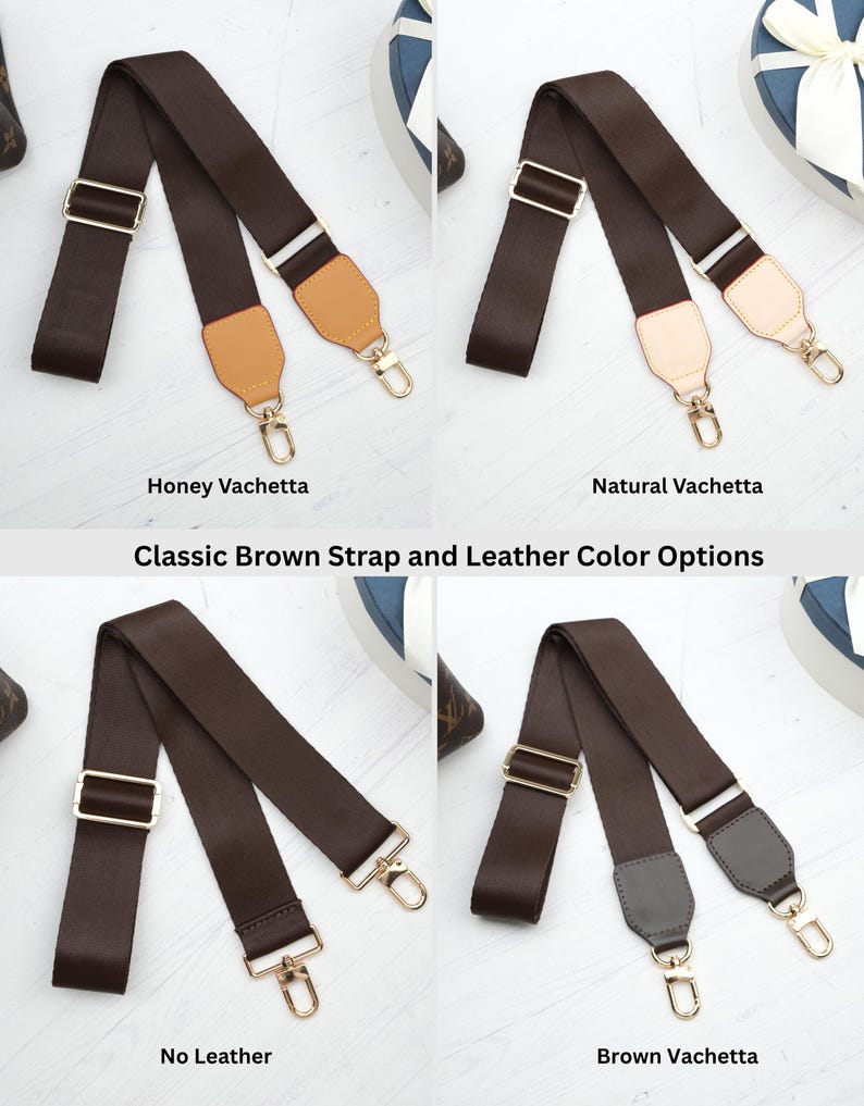 Op de afbeelding: Vier klassieke bruine tasriemen met verschillende leerkleuropties. De afbeelding toont Honey Vachetta, Natural Vachetta, No Leather en Brown Vachetta riemen. Elke riem heeft goudkleurige hardware en een witte accent.