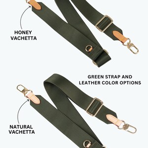 May include: Two green bag straps with gold-colored hardware and leather accents. The straps have a rectangular shape and are labeled with the text "Honey Vachetta" and "Natural Vachetta". The image also includes the text "Green strap and leather color options".