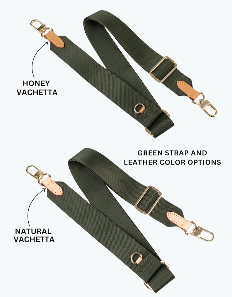 May include: Two green bag straps with gold-colored hardware and leather accents. The straps have a rectangular shape and are labeled with the text "Honey Vachetta" and "Natural Vachetta". The image also includes the text "Green strap and leather color options".