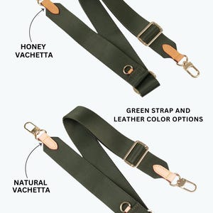May include: Two green bag straps with gold-colored hardware and leather accents. The straps have a rectangular shape and are labeled with the text "Honey Vachetta" and "Natural Vachetta". The image also includes the text "Green strap and leather color options".
