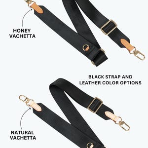 May include: Two black bag straps with gold-tone hardware and leather accents. One strap features "Honey Vachetta" leather, the other "Natural Vachetta". The text "BLACK STRAP AND LEATHER COLOR OPTIONS" is also visible.