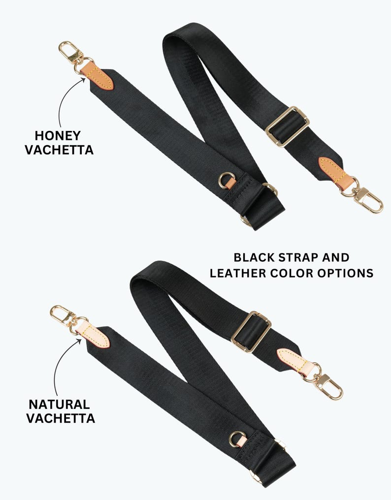 May include: Two black bag straps with gold-tone hardware and leather accents. One strap features "Honey Vachetta" leather, the other "Natural Vachetta". The text "BLACK STRAP AND LEATHER COLOR OPTIONS" is also visible.