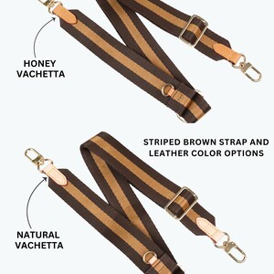 May include: Striped brown bag strap with leather accents. The strap features a brown and tan stripe design, metal hardware, and leather color options. The text in the image reads "Honey Vachetta" and "Natural Vachetta".