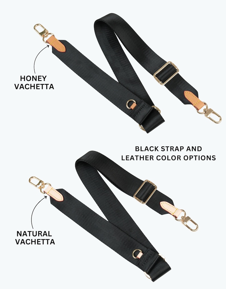 May include: Two black bag straps with gold-tone hardware and leather accents. One strap features "Honey Vachetta" leather, the other "Natural Vachetta". The text "BLACK STRAP AND LEATHER COLOR OPTIONS" is also visible.