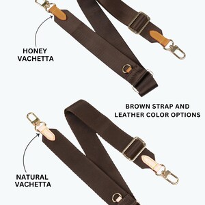 May include: Two brown bag straps with metal hardware and leather accents. One strap features honey vachetta leather, the other natural vachetta. The text "BROWN STRAP AND LEATHER COLOR OPTIONS" is also visible.