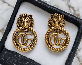 Vintage Gold Gucci Lion Stud Earrings - Iconic GG Logo Statement Pieces, Perfect New Condition, No Packaging Available, Worldwide Shipping