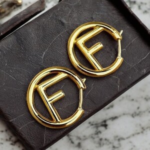 Vintage Gold Fendi Hoop Earrings - Luxurious Designer Statement Piece, Gold Jewellery Fashion Accessories, Ideal Gift For Her, Shiny Jewelry