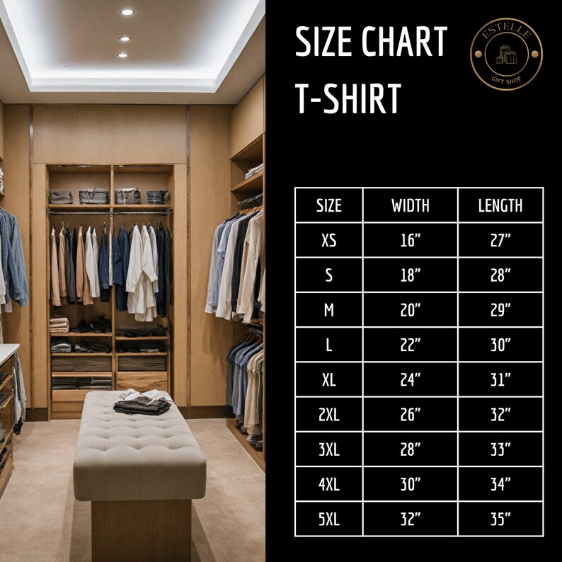 Pu&ograve; includere: Tabella delle taglie per t-shirt con misure in pollici per larghezza e lunghezza. Le taglie includono XS, S, M, L, XL, 2XL, 3XL, 4XL e 5XL.
