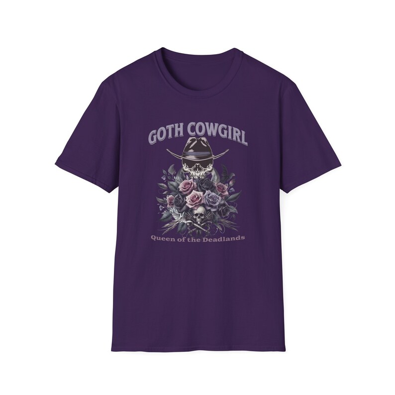 Maglietta da cowgirl gotica: maglietta con teschio e rose in stile western gotico Purple