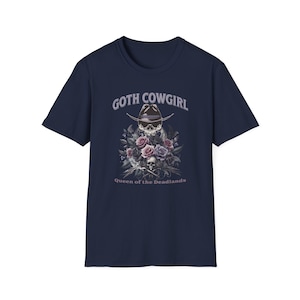 Maglietta da cowgirl gotica: maglietta con teschio e rose in stile western gotico Navy