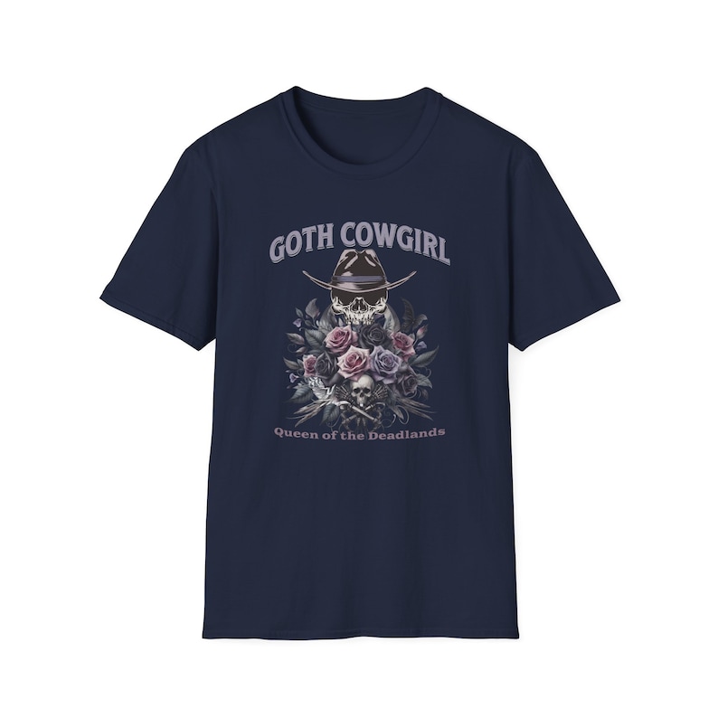 Maglietta da cowgirl gotica: maglietta con teschio e rose in stile western gotico Navy