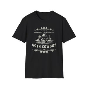 Maglietta da cowboy gotico: maglietta con grafica western gothic skull & ibisco