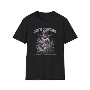 Maglietta da cowgirl gotica: maglietta con teschio e rose in stile western gotico Black