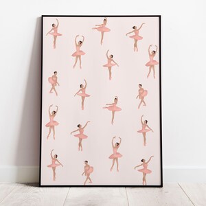 Póster imprimible de chicas de ballet, sala de juegos rosa para niños, guardería, diseño en formato A3, arte de pared
