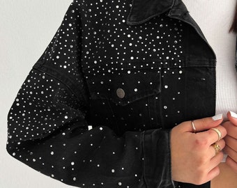 black denim jacket cropped stone handmade high quality