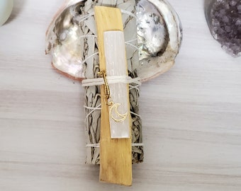 Pacchetto di pulizia di conchiglie di abalone di cristallo di selenite, Palo Santo e salvia bianca, set di sbavature detergenti, riscaldamento della casa, kit sbavature, buone vibrazioni