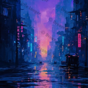 May include: Digital artwork depicting a futuristic city at twilight. Buildings in blue and purple hues are reflected in a wet street, with neon signs. The sky transitions from purple to orange, with the text "Dream A Little Longer".