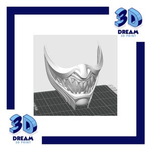 May include: A white 3D-printed mask with a fearsome design, including sharp teeth and a curved upper section. The mask is displayed on a grid, with the "3D DREAM 3D PRINT" logo in the corners.