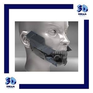 May include: A gray 3D printed lower face mask featuring a mechanical jaw design with exposed teeth, angular side panels, and a circular vent detail. The mask is displayed on a mannequin head, with the text 3D DREAM 3D PRINT visible in the corners.