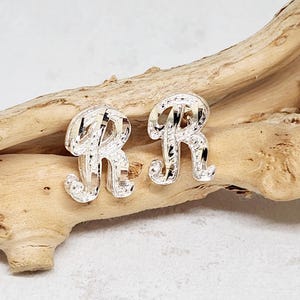 925 GENUINE Sterling Silver Initial Pair of Earrings, Silver Letter Earrings, Cursive Letter Earrings, Dimensional Letter Earrings, 14mmx9mm